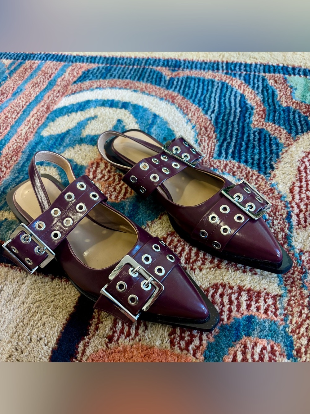 Amazon Women's Burgundy Pointed Slingback Flats with Buckle Eyelet Straps